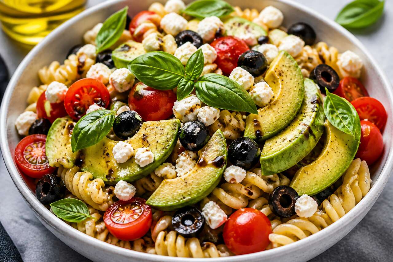 Salade de fusilli à la feta, avocat, tomates cocktails et olives