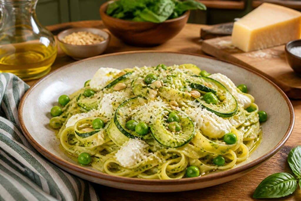 Recette de tagliatelles fraîches aux petits pois, courgettes, ricotta et pesto
