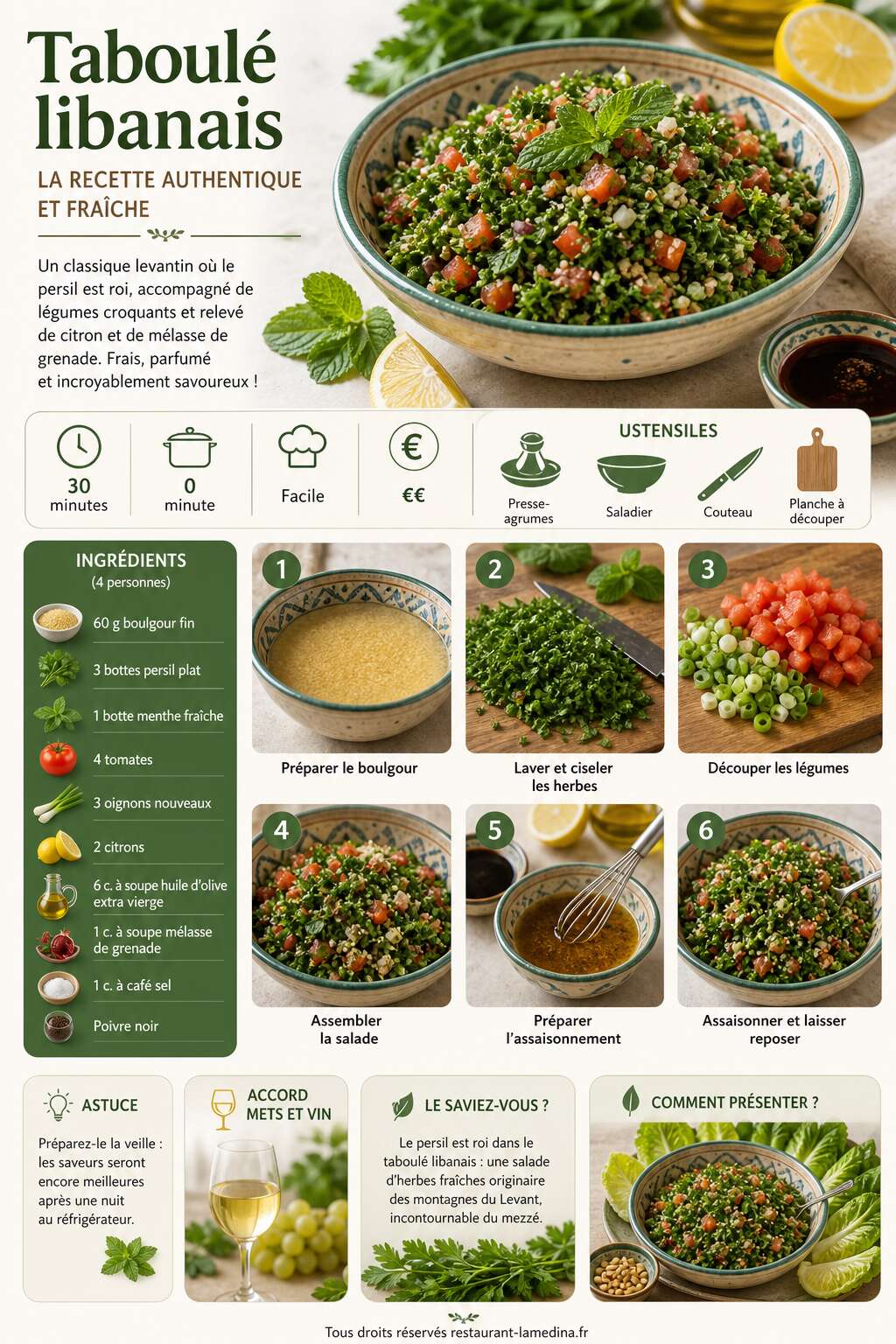 Fiche recette Taboulé libanais : la recette authentique et fraîche Fiche recette Taboulé libanais : la recette authentique et fraîche