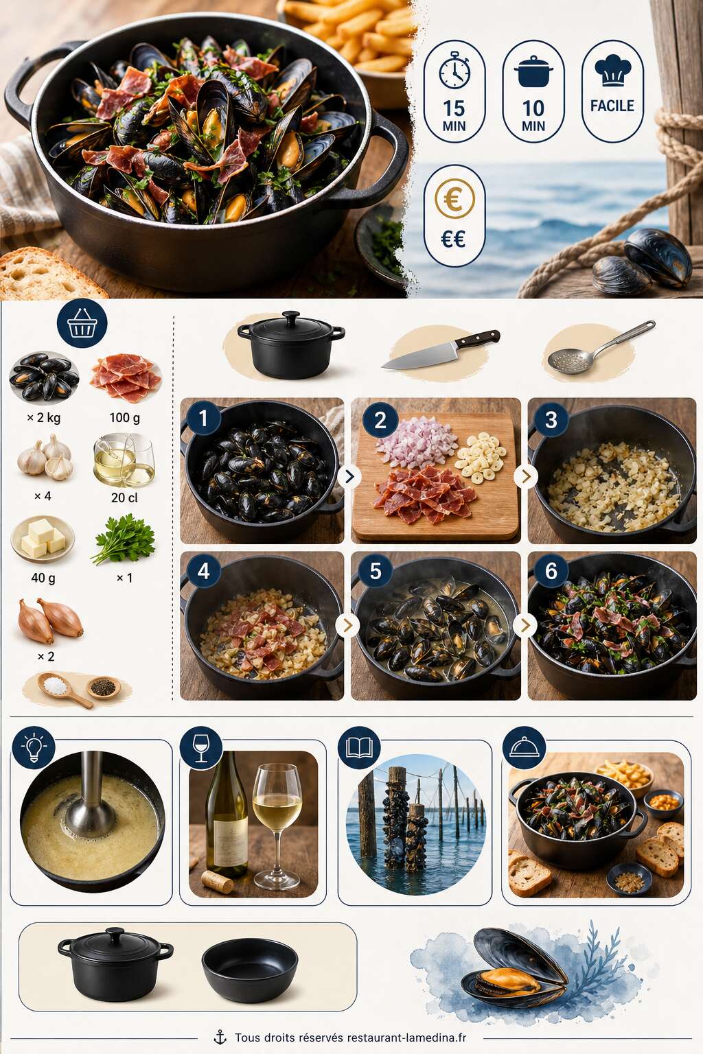 Fiche recette Moules de bouchot à l'ail et au jambon serrano Fiche recette Moules de bouchot à l'ail et au jambon serrano