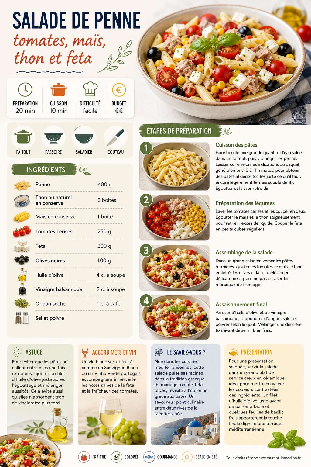 Fiche recette Salade de penne : tomates, maïs, thon et feta Fiche recette Salade de penne : tomates, maïs, thon et feta