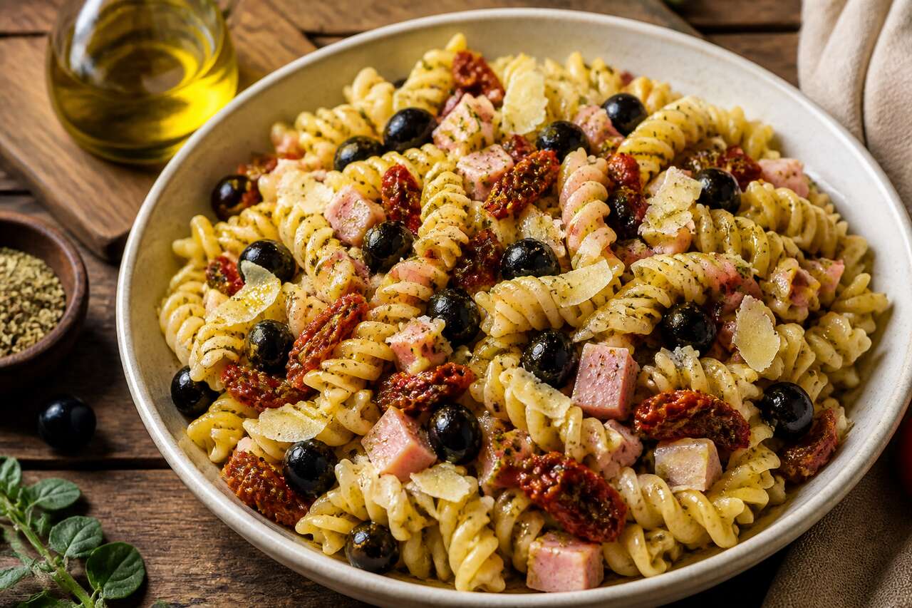 Salade italienne de pâtes au jambon, parmesan et olives