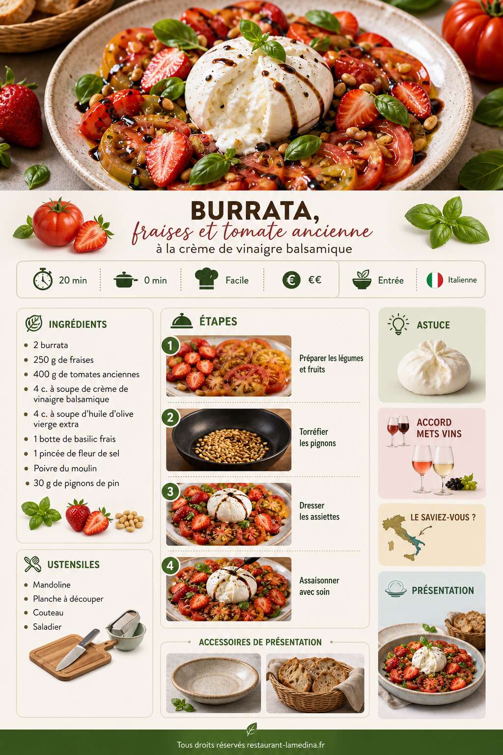 Fiche recette Burrata, fraises et tomate ancienne à la crème de vinaigre balsamique Fiche recette Burrata, fraises et tomate ancienne à la crème de vinaigre balsamique