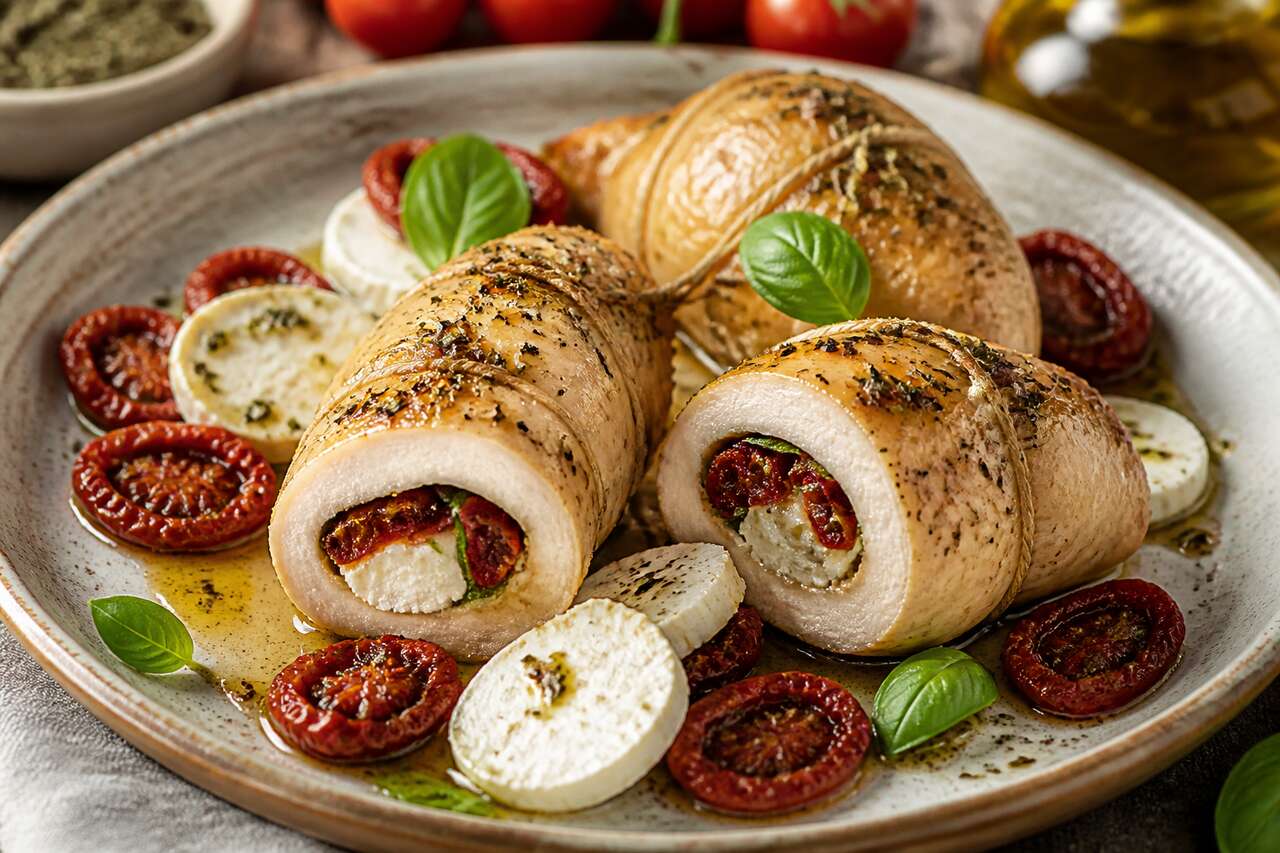Ballottines de poulet à la tomate confite et au basilic