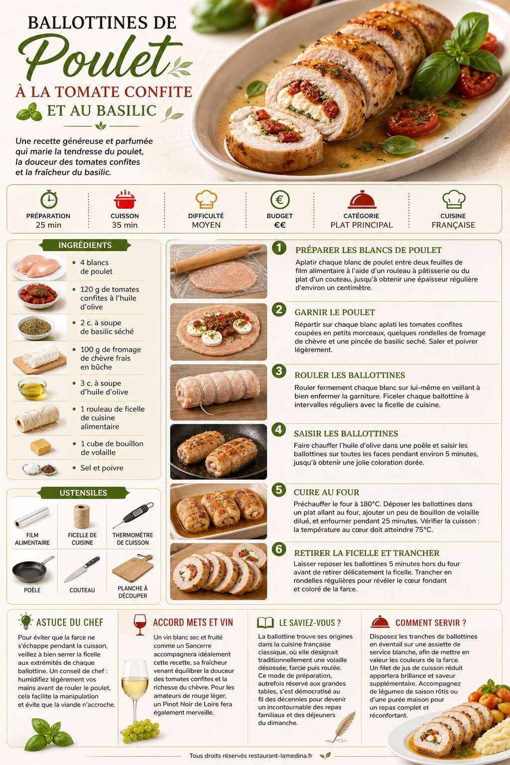 Fiche recette Ballottines de poulet à la tomate confite et au basilic Fiche recette Ballottines de poulet à la tomate confite et au basilic