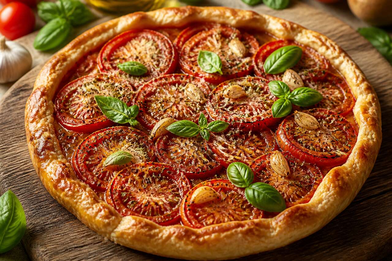 Tarte à la tomate, ail et basilic : recette facile et savoureuse