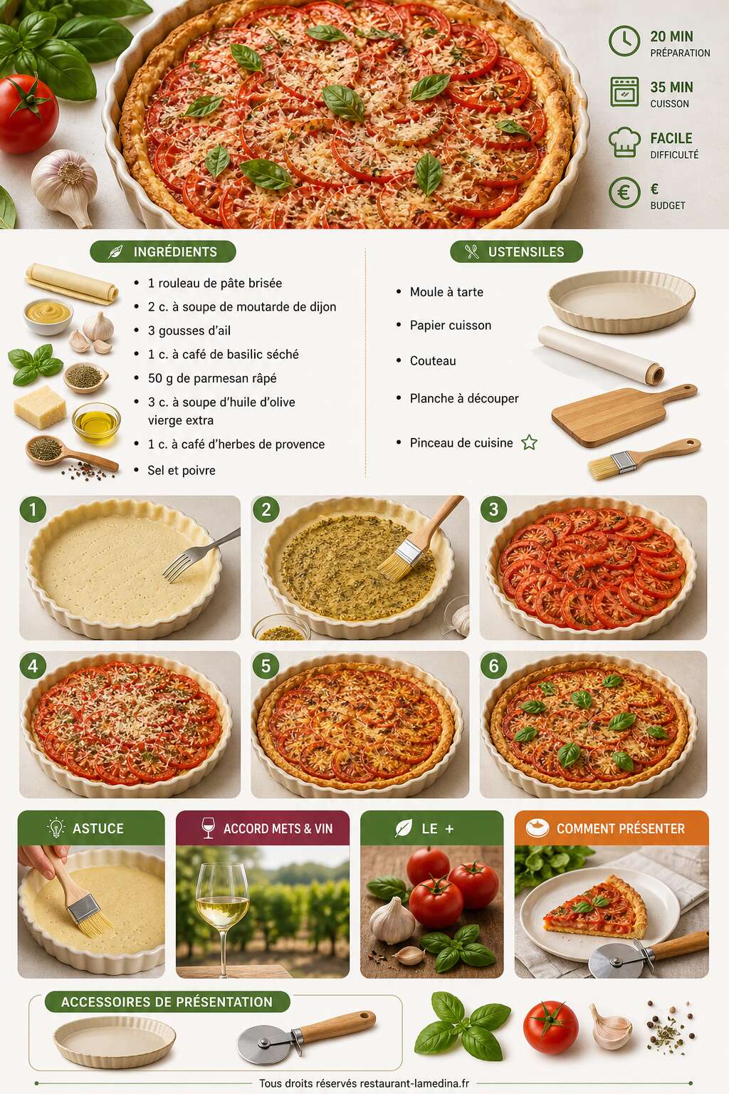 Fiche recette Tarte à la tomate, ail et basilic : recette facile et savoureuse Fiche recette Tarte à la tomate, ail et basilic : recette facile et savoureuse