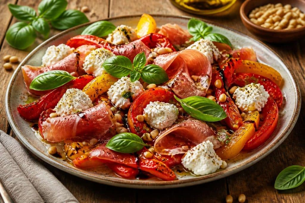 Salade tiède de poivrons grillés, jambon de Parme et chèvre frais