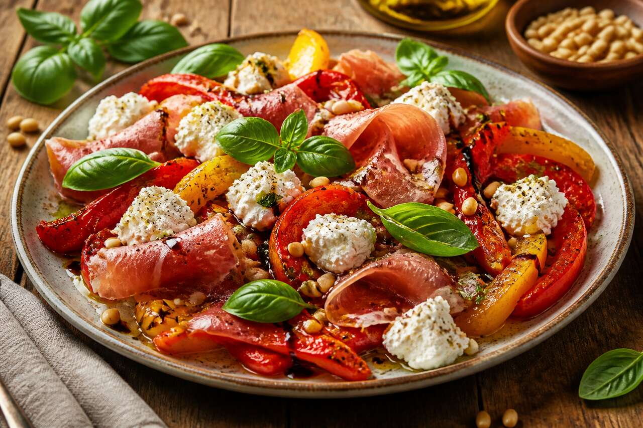 Salade tiède de poivrons grillés, jambon de Parme et chèvre frais