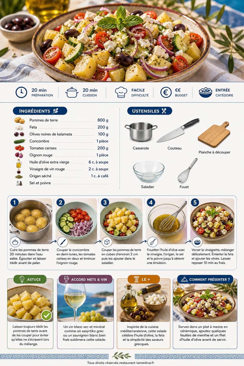 Fiche recette Salade de pommes de terre à la grecque : une recette fraîche et savoureuse Fiche recette Salade de pommes de terre à la grecque : une recette fraîche et savoureuse