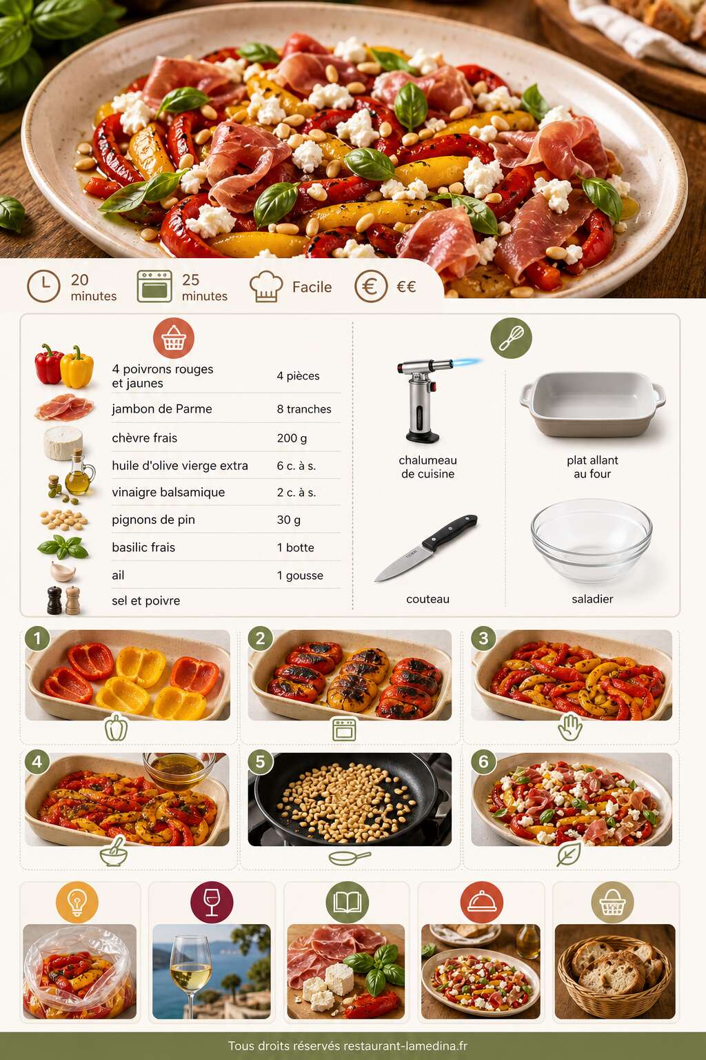Fiche recette Salade ti&egrave;de de poivrons grill&eacute;s, jambon de Parme et ch&egrave;vre frais