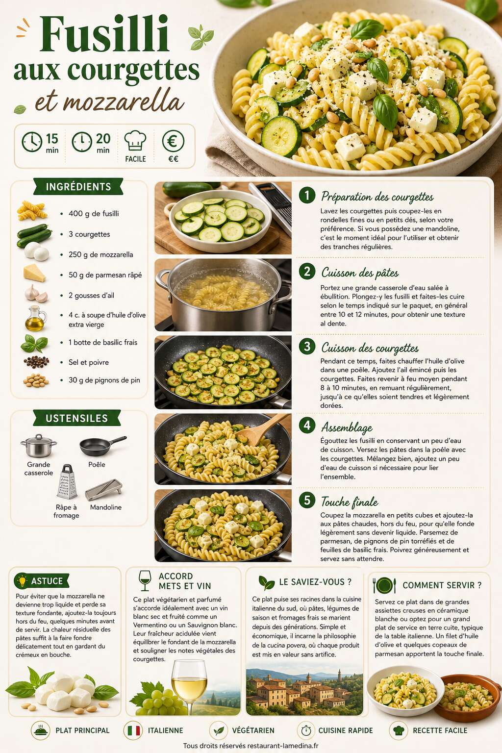 Fiche recette Fusilli aux courgettes et mozzarella : recette facile et gourmande Fiche recette Fusilli aux courgettes et mozzarella : recette facile et gourmande