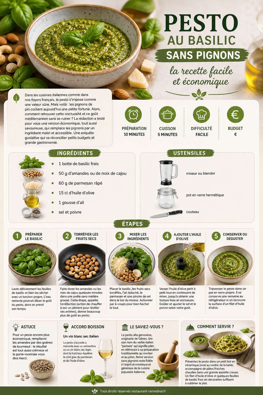 Fiche recette Pesto au basilic sans pignons : la recette facile et économique Fiche recette Pesto au basilic sans pignons : la recette facile et économique
