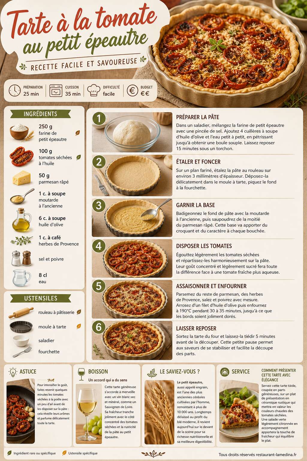 Fiche recette Tarte à la tomate au petit épeautre : recette facile et savoureuse Fiche recette Tarte à la tomate au petit épeautre : recette facile et savoureuse