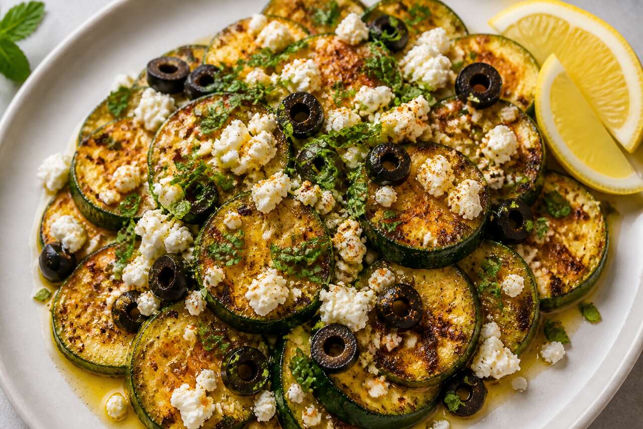 Courgettes aux épices, feta et olives noires : recette facile et savoureuse