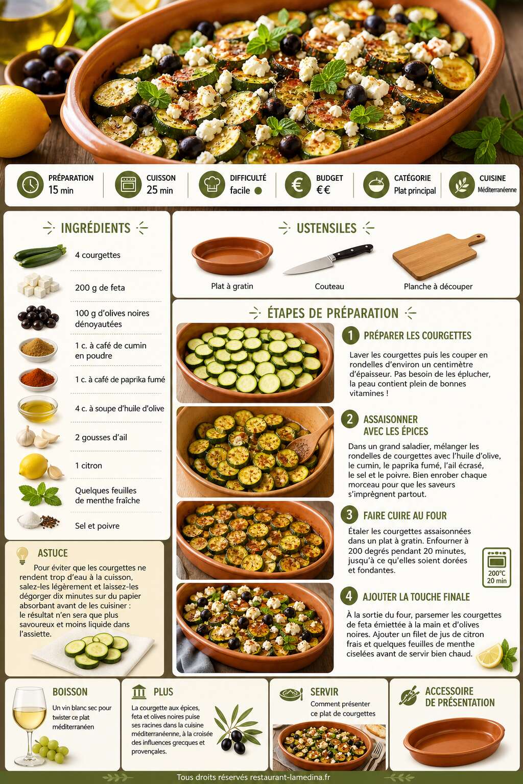 Fiche recette Courgettes aux épices, feta et olives noires : recette facile et savoureuse Fiche recette Courgettes aux épices, feta et olives noires : recette facile et savoureuse