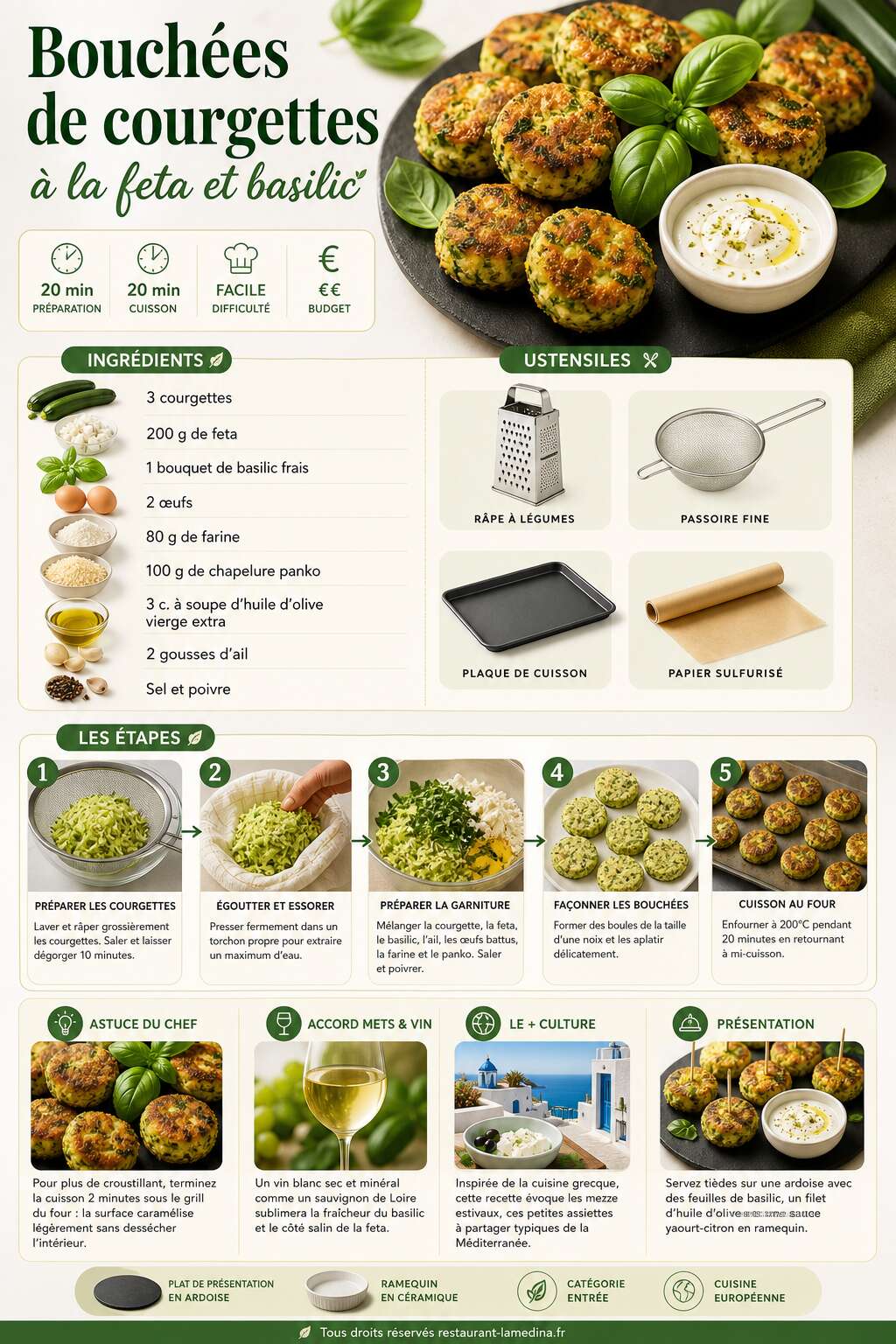 Fiche recette Bouchées de courgettes à la feta et basilic Fiche recette Bouchées de courgettes à la feta et basilic