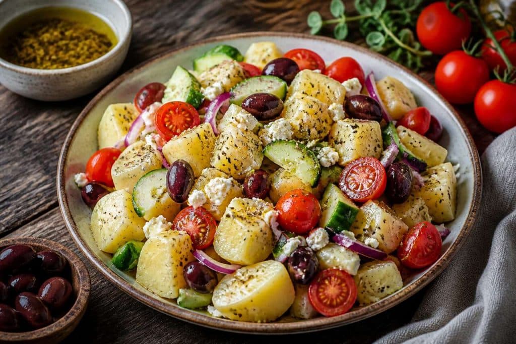 Salade de pommes de terre à la grecque : recette fraîche et facile