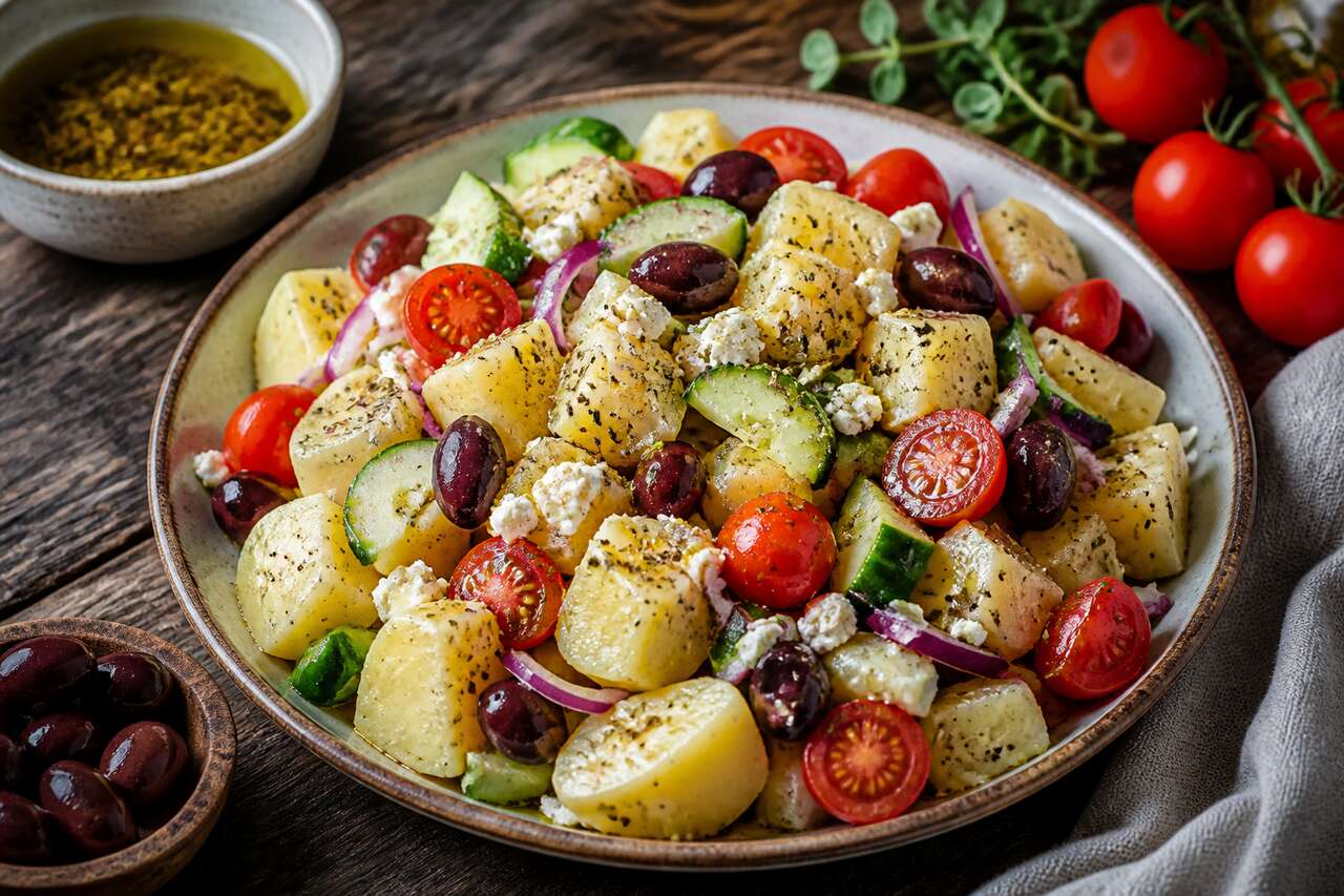 Salade de pommes de terre à la grecque : recette fraîche et facile