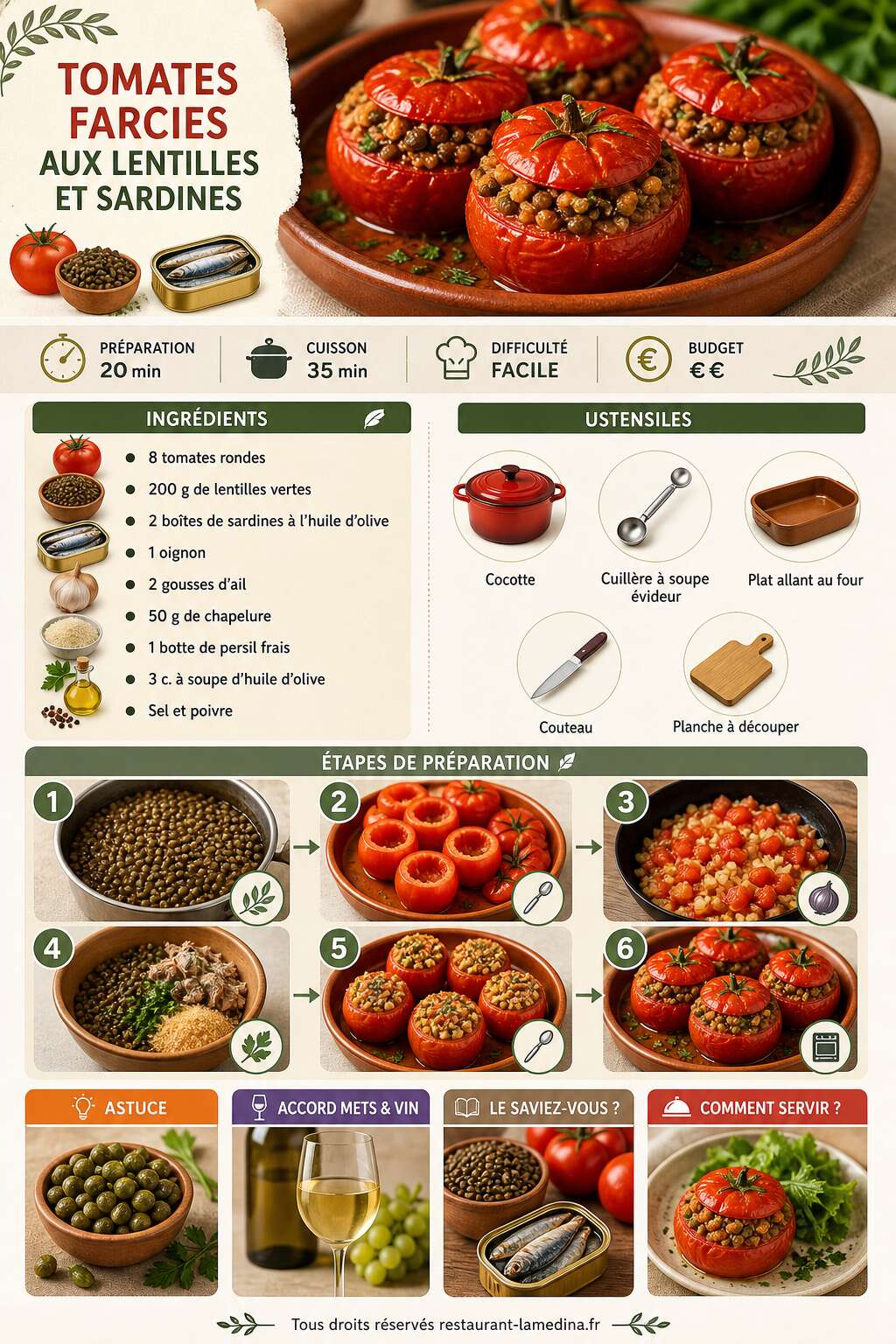 Fiche recette Tomates farcies aux lentilles et sardines : recette facile et saine Fiche recette Tomates farcies aux lentilles et sardines : recette facile et saine