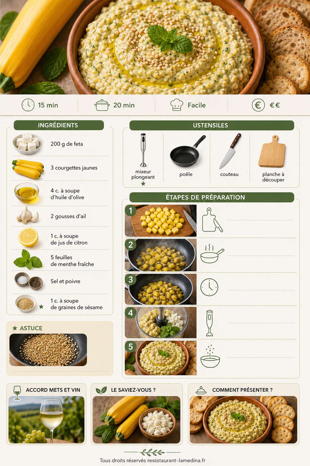 Fiche recette Tartinade de courgette jaune et feta : une recette facile et savoureuse Fiche recette Tartinade de courgette jaune et feta : une recette facile et savoureuse