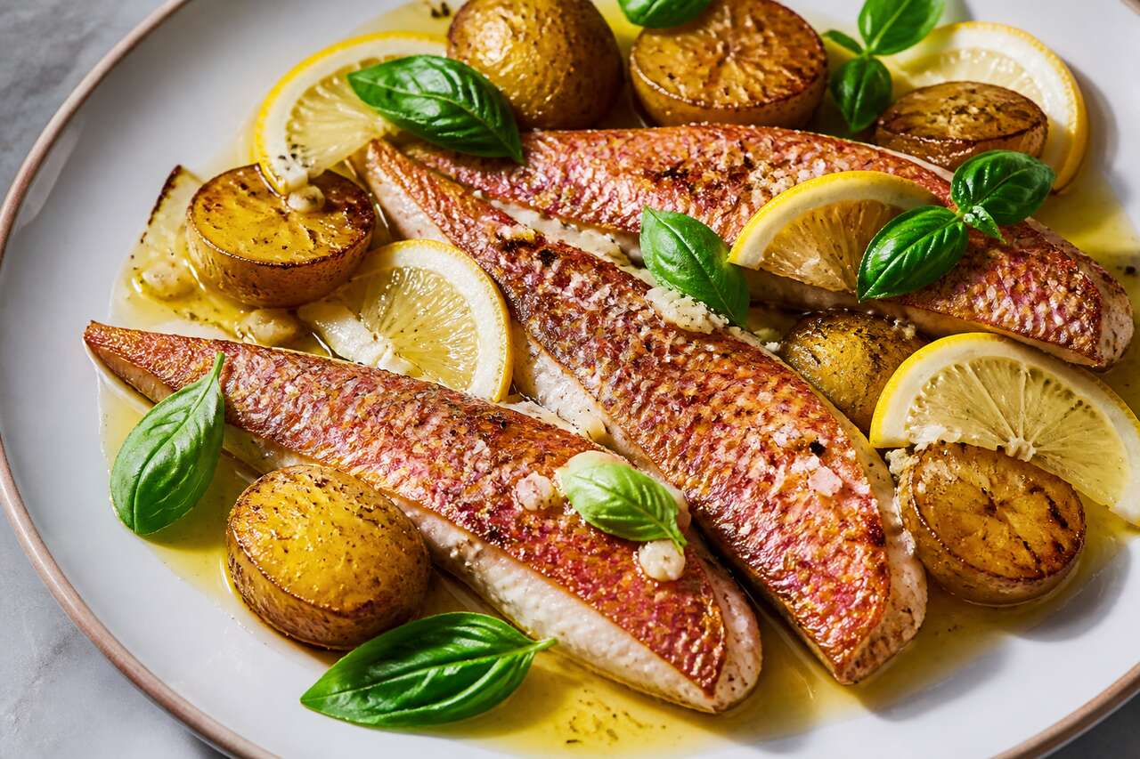 Filets de rouget et pommes de terre à l'huile d'olive et basilic