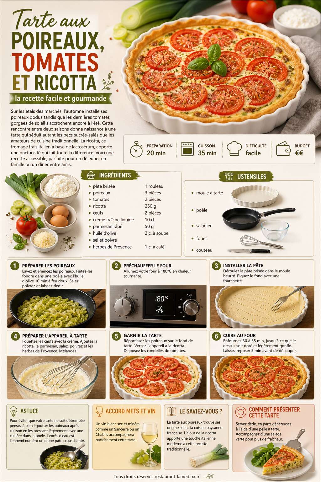 Fiche recette Tarte aux poireaux, tomates et ricotta : la recette facile et gourmande Fiche recette Tarte aux poireaux, tomates et ricotta : la recette facile et gourmande