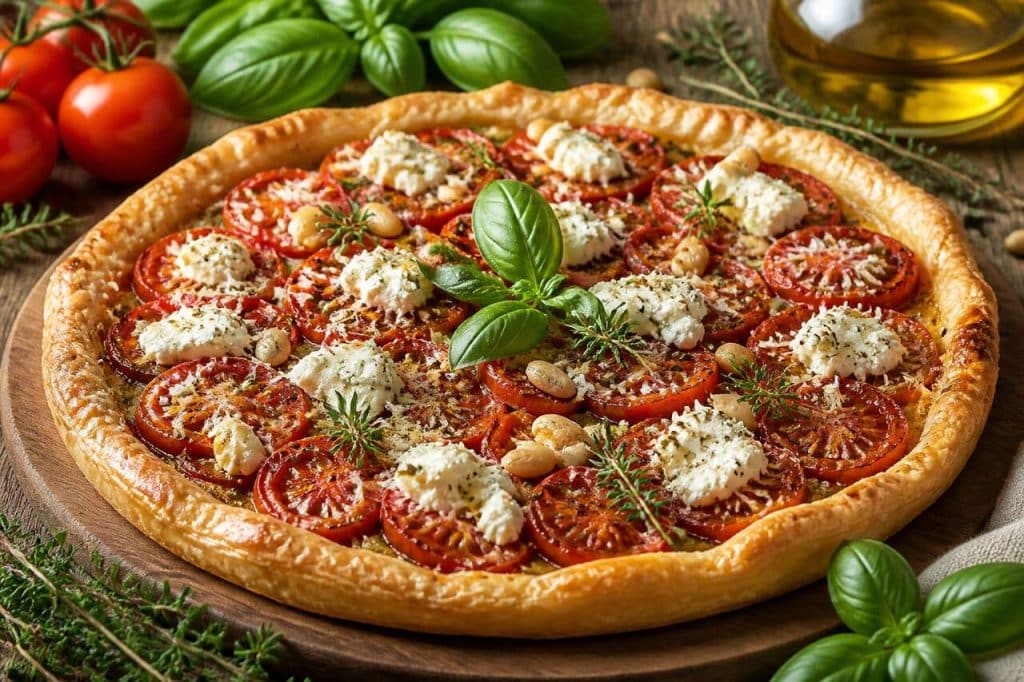 Tarte à la tomate et aux herbes du jardin