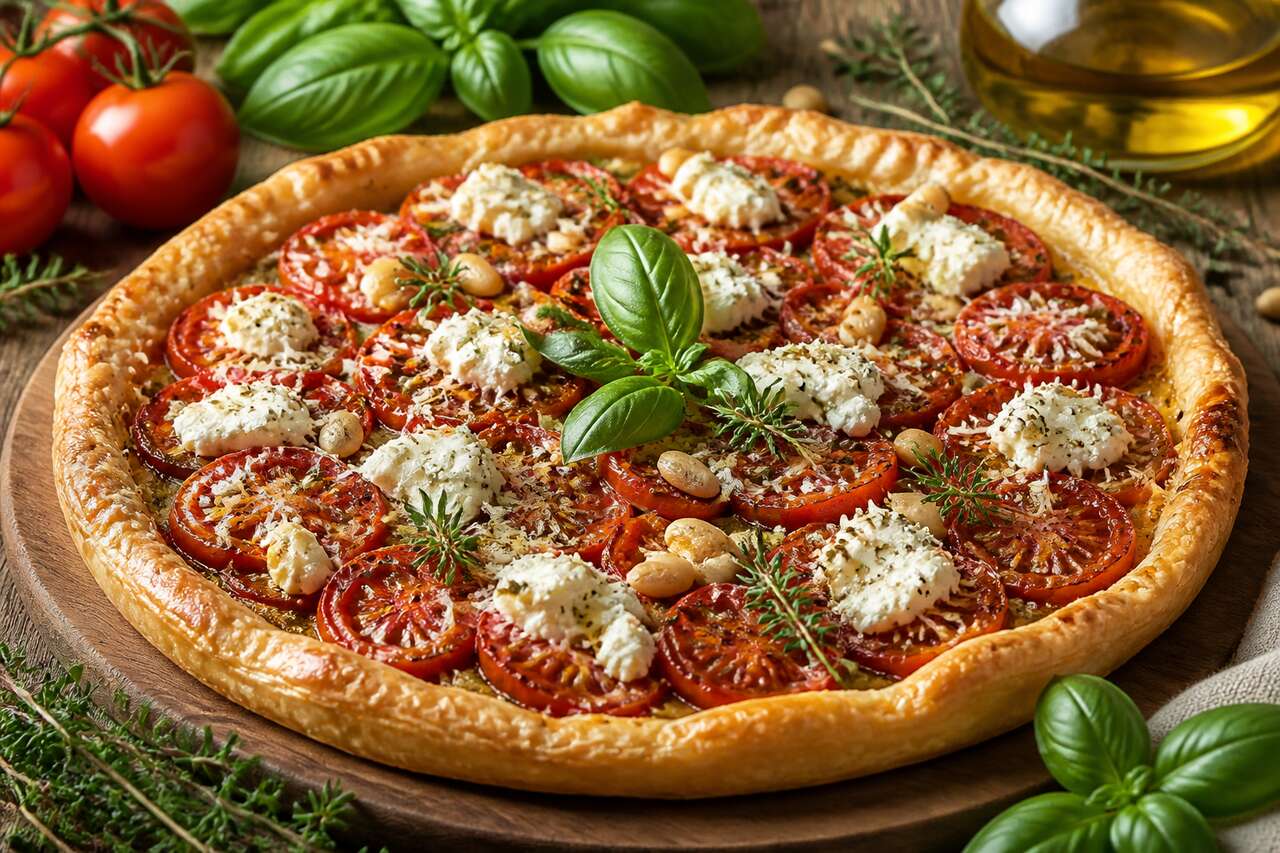 Tarte à la tomate et aux herbes du jardin