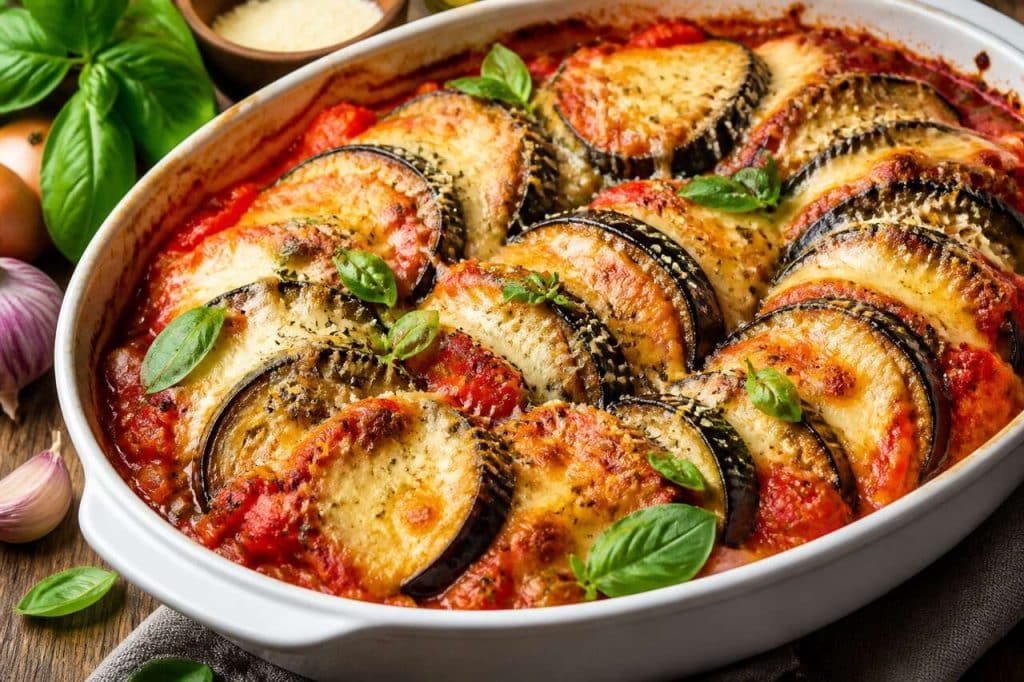 Tian d'aubergines à la mozzarella et sauce tomate basilic maison