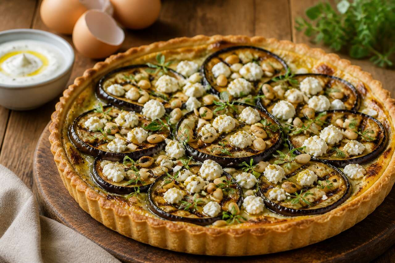 Tarte aux aubergines, feta et pignons