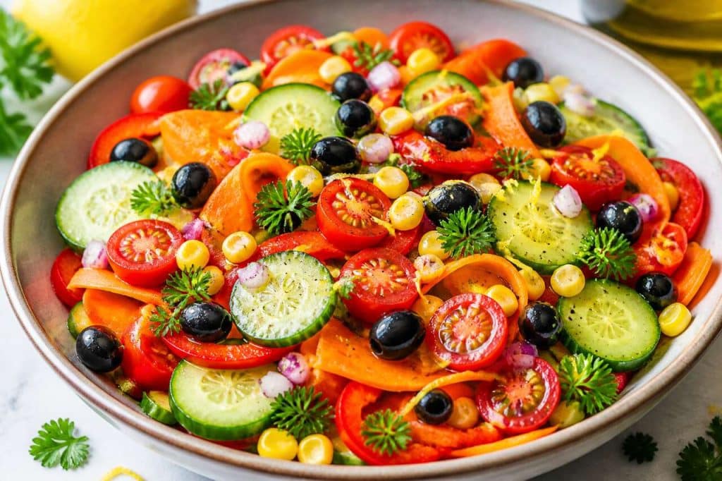 Salade de légumes, sauce huile d'olive et citron