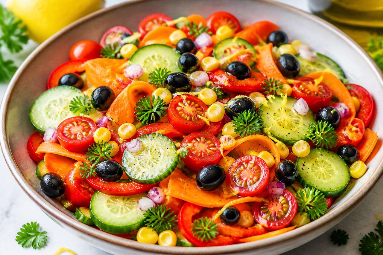 Salade de légumes, sauce huile d'olive et citron