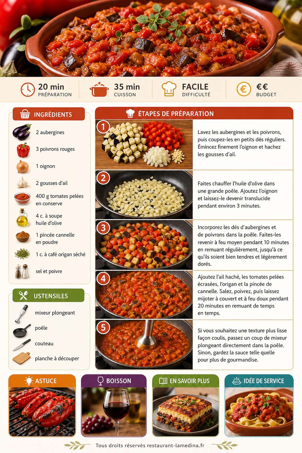Fiche recette Sauce aux poivrons et aubergines façon moussaka : la recette facile Fiche recette Sauce aux poivrons et aubergines façon moussaka : la recette facile