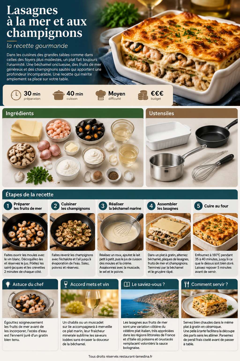 Fiche recette Lasagnes à la mer et aux champignons : la recette gourmande Fiche recette Lasagnes à la mer et aux champignons : la recette gourmande