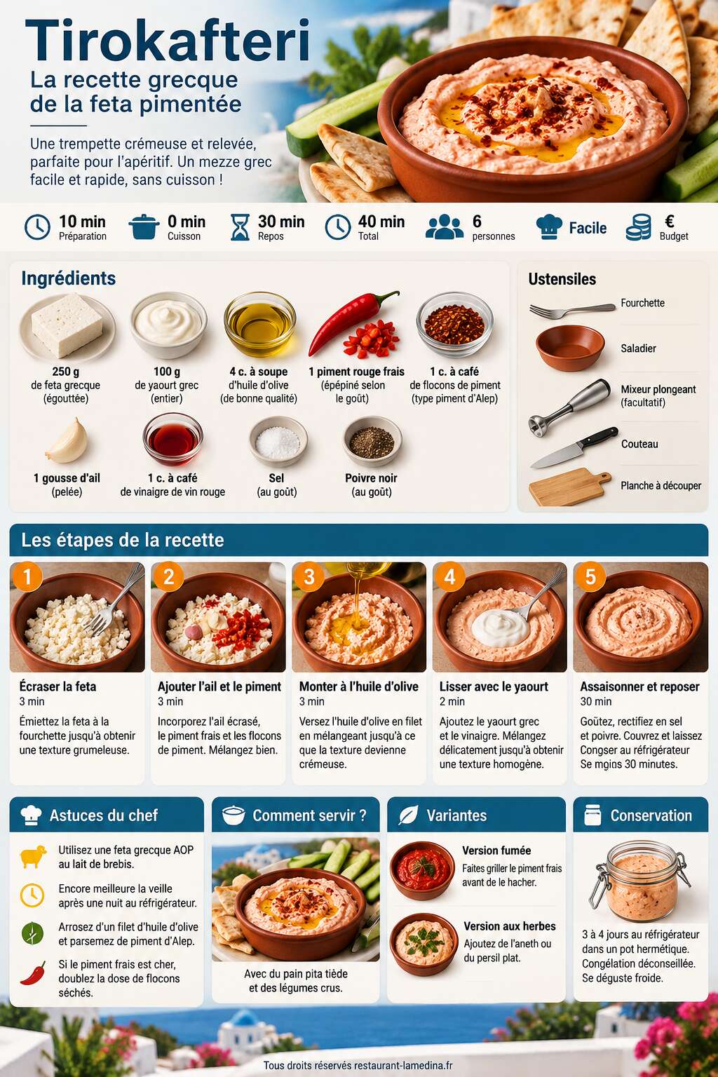 Fiche recette Tirokafteri : la recette grecque de la feta pimentée Fiche recette Tirokafteri : la recette grecque de la feta pimentée