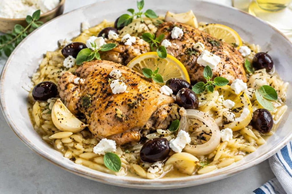 Poulet à la grecque aux risetti et feta