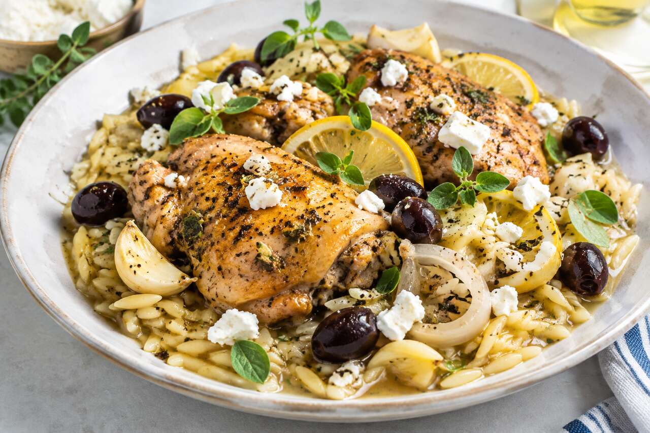 Poulet à la grecque aux risetti et feta
