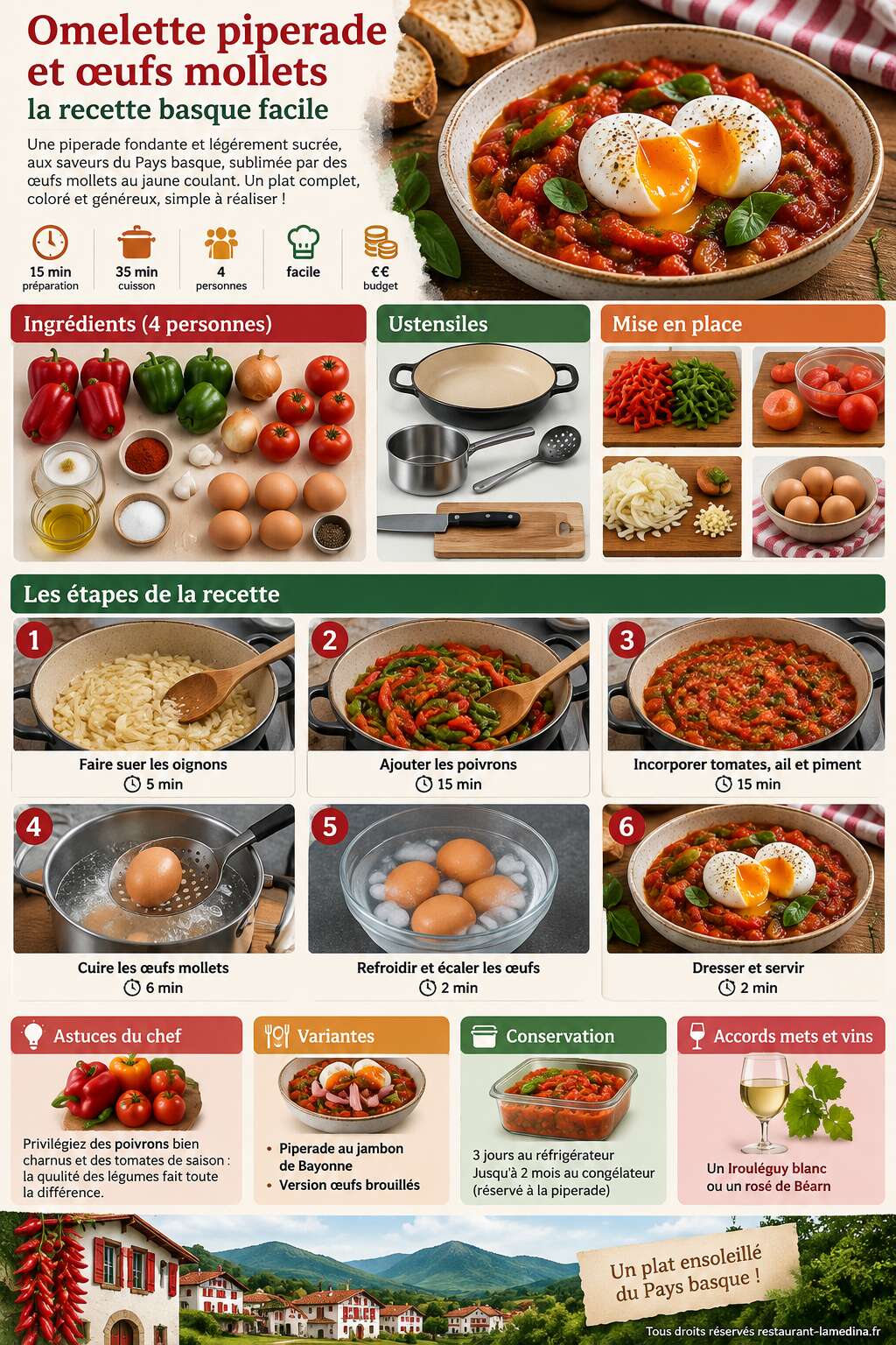 Fiche recette Omelette piperade et &oelig;ufs mollets : la recette basque facile