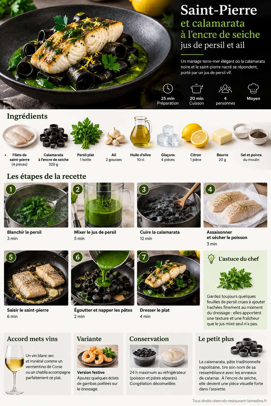 Fiche recette Saint-Pierre et calamarata à l'encre de seiche, jus de persil et ail Fiche recette Saint-Pierre et calamarata à l'encre de seiche, jus de persil et ail