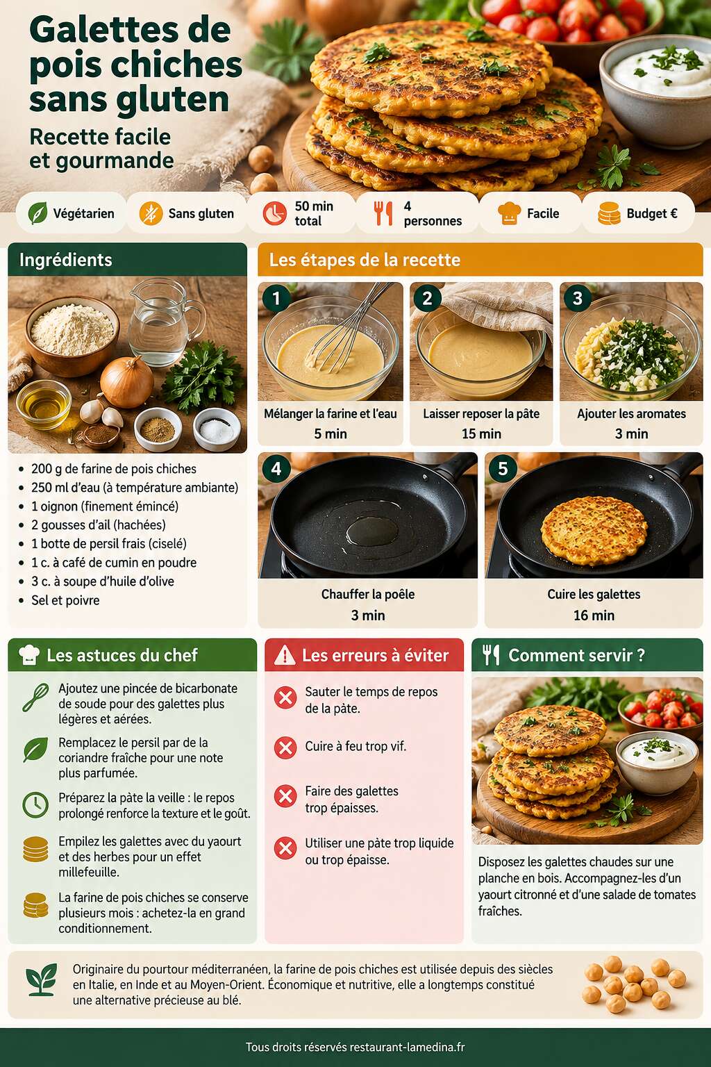 Fiche recette Galettes de pois chiches sans gluten : recette facile et gourmande Fiche recette Galettes de pois chiches sans gluten : recette facile et gourmande