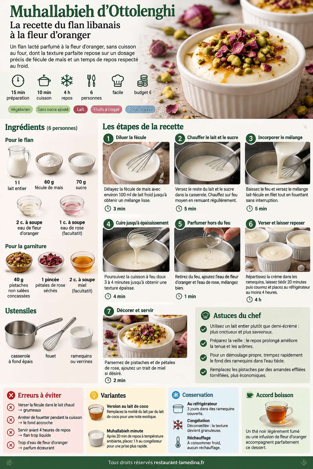 Fiche recette Muhallabieh d'Ottolenghi : la recette du flan libanais &agrave; la fleur d'oranger