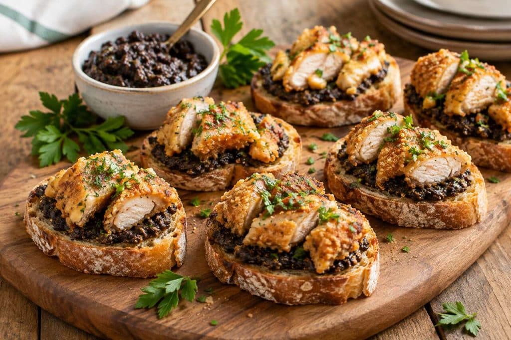 Sot-l'y-laisse panés sur toasts grillés à la tapenade noire