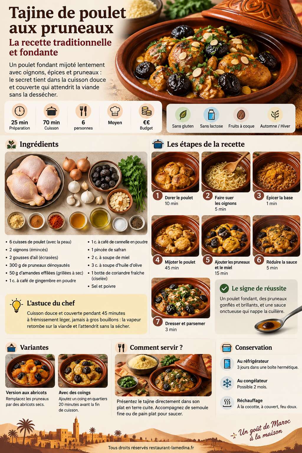 Fiche recette Tajine de poulet aux pruneaux : la recette traditionnelle et fondante Fiche recette Tajine de poulet aux pruneaux : la recette traditionnelle et fondante