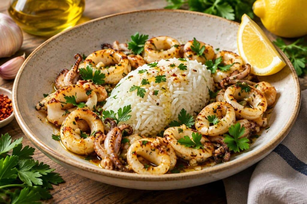 Calamars à l'ail et piment d'Espelette, riz basmati