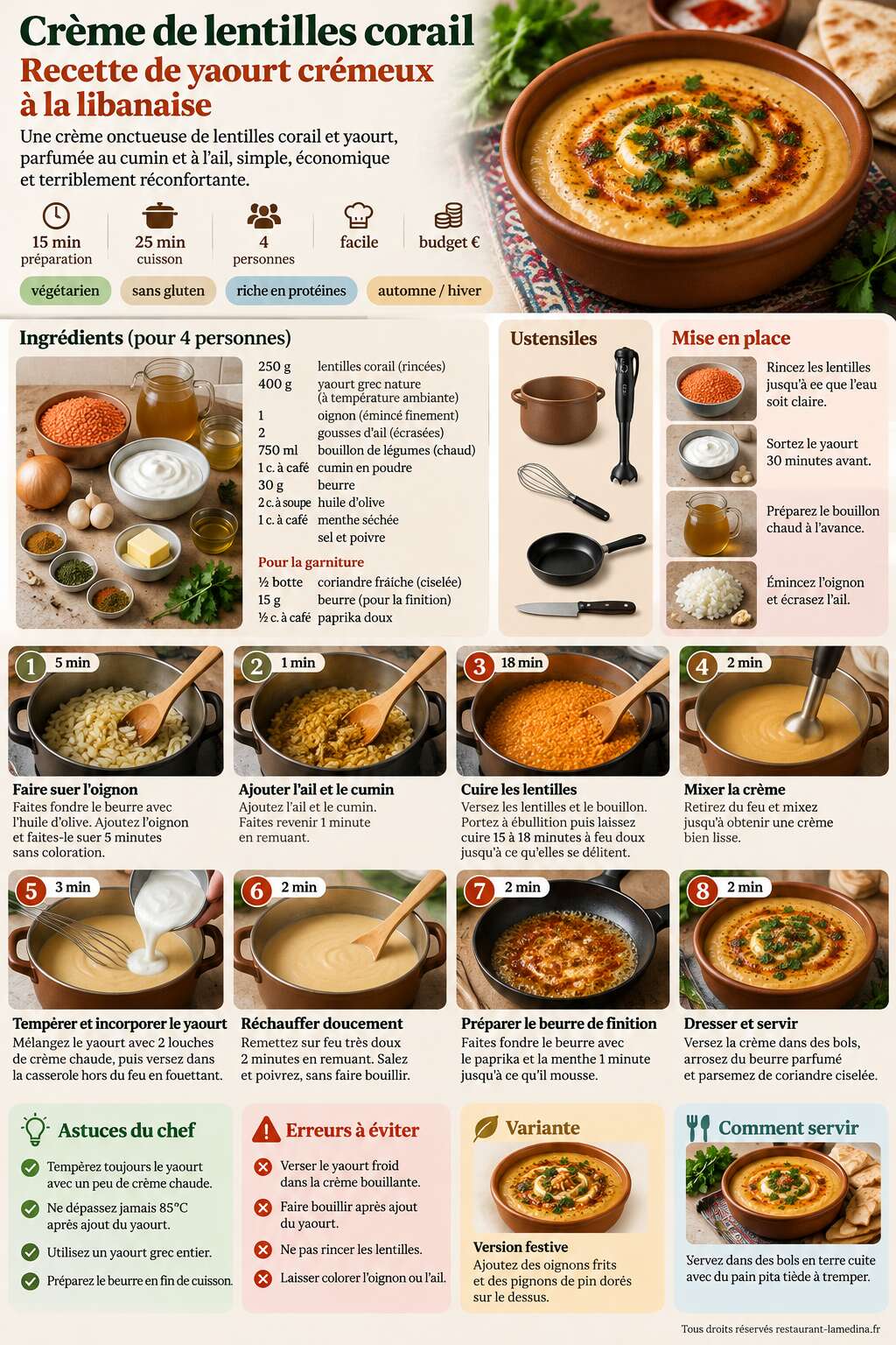 Fiche recette Crème de lentilles corail : recette de yaourt crémeux à la libanaise Fiche recette Crème de lentilles corail : recette de yaourt crémeux à la libanaise